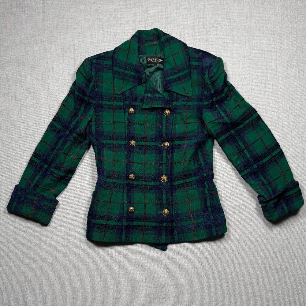Vintage Guy Laroche Plaid Green Jacket Double Breasted Wool Blend Size 36